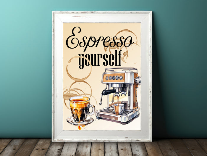 Wall Art Prints Unframed
8x10 “Espresso Yourself” Wall Art – Pale Brown Background with Coffee Stains &amp; Espresso Machine, Matte Print, Ready to Hang, Shipped Flat