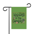 Green garden flag with 'Welcome to my Garden' text and plant illustrations on a white background.