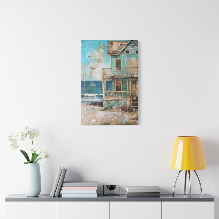 Whimsical Beach House Ocean Canvas Print Blue Art Coastal Decor Wall Hanging
