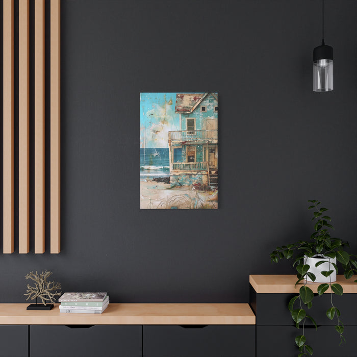 Whimsical Beach House Ocean Canvas Print Blue Art Coastal Decor Wall Hanging