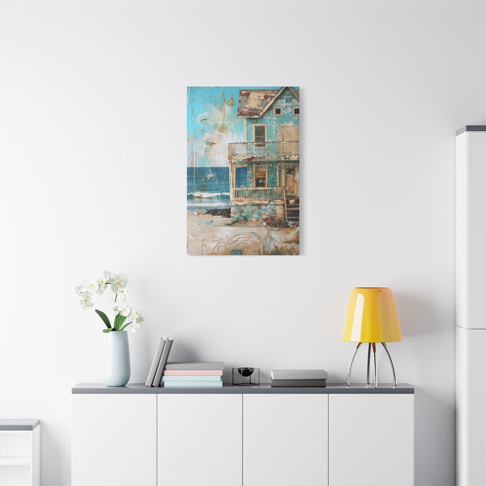 Whimsical Beach House Ocean Canvas Print Blue Art Coastal Decor Wall Hanging