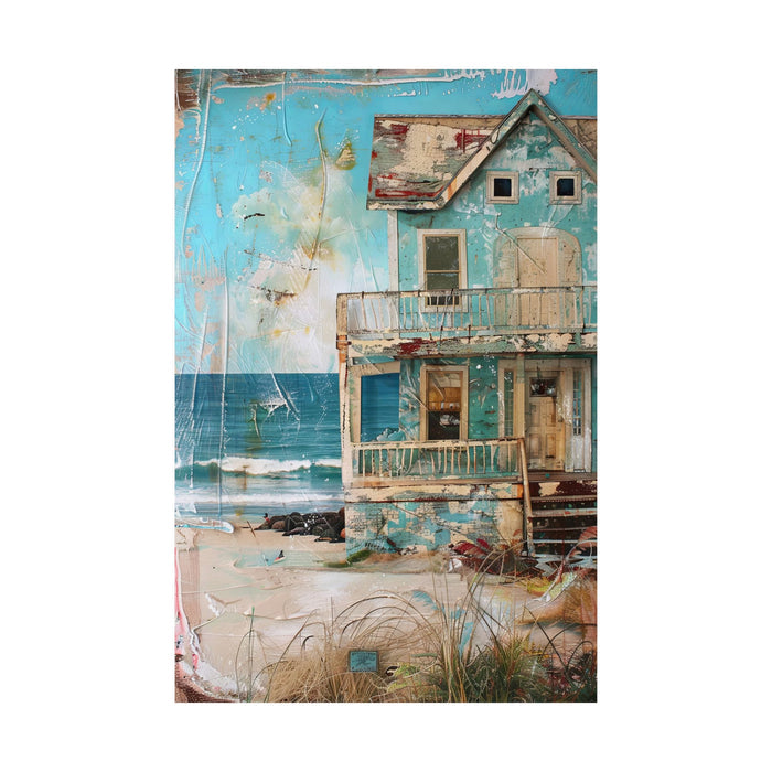 Collage of a distressed house by the water with boats and natural elements.