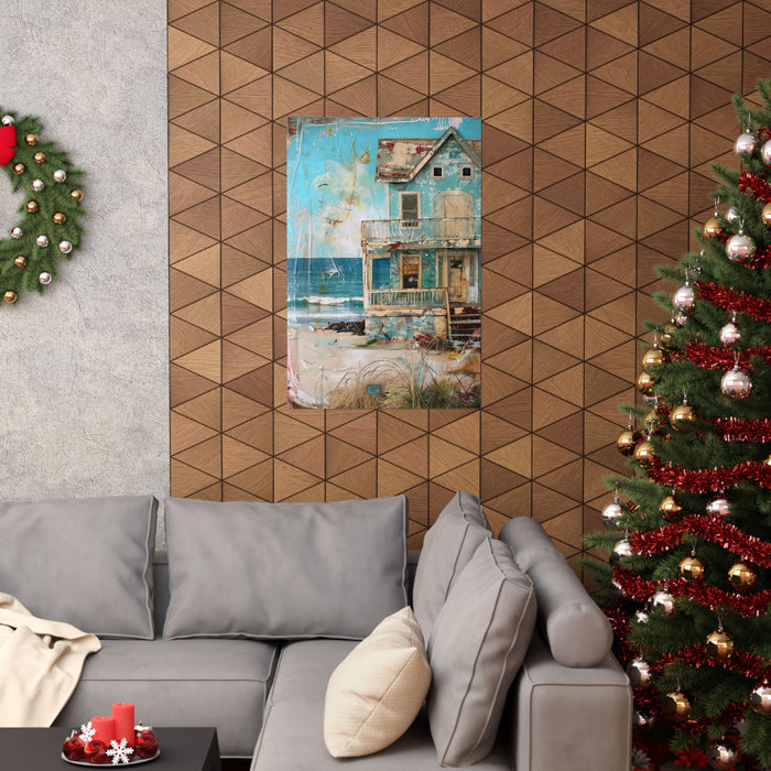 Living room with a gray sofa, Christmas tree, and wall art.