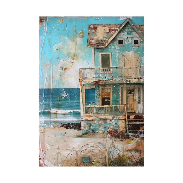 Artistic depiction of a beach scene with a distressed house and ocean.