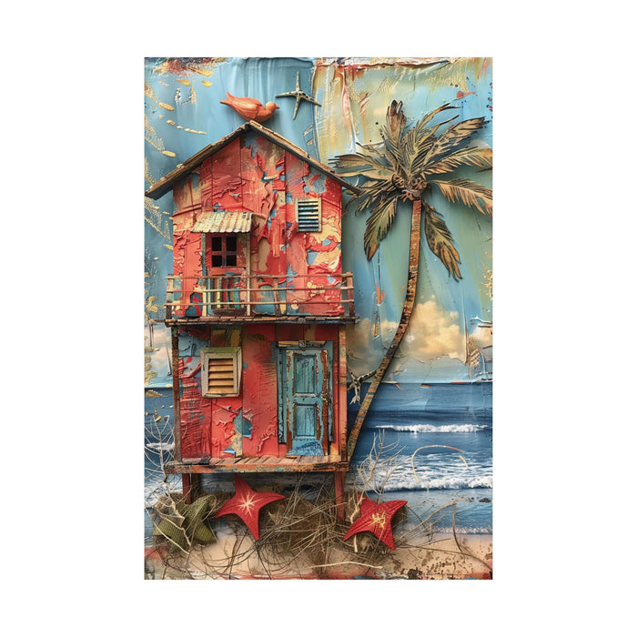 Colorful beach hut with palm tree and ocean waves on a textured background