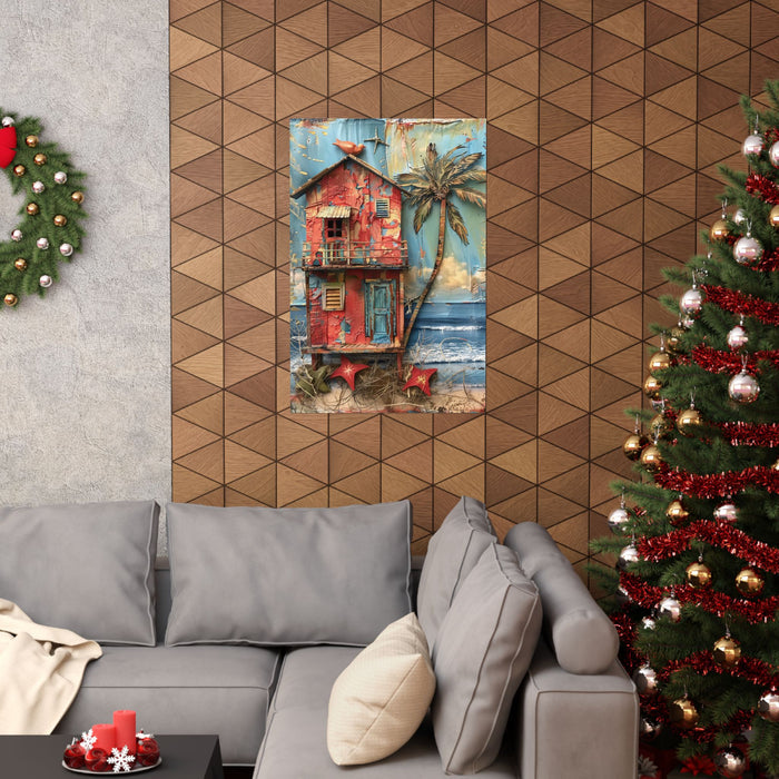 Living room with a gray sofa, Christmas tree, and decorative wall art.