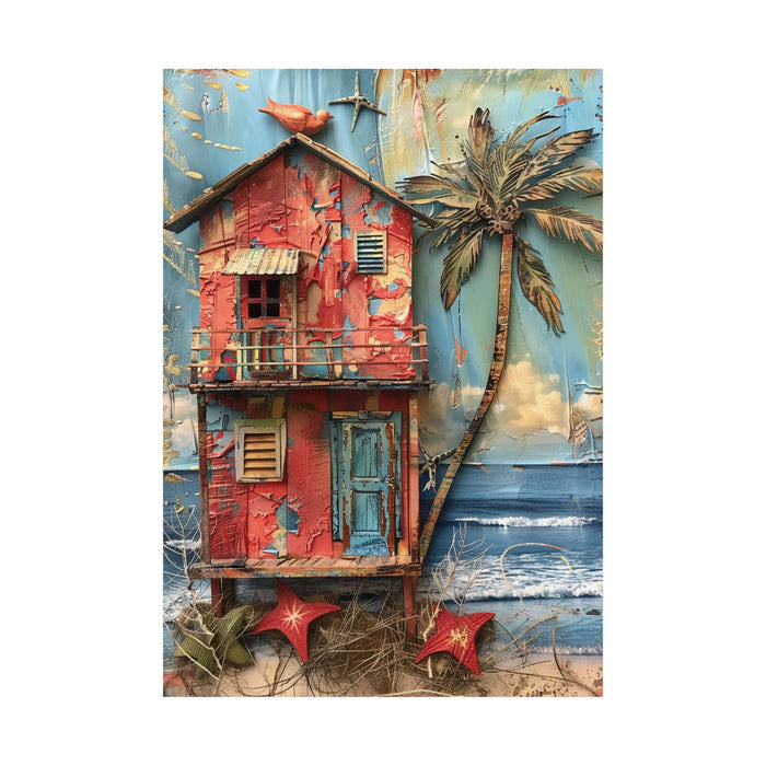 Colorful beach scene with a red house, palm tree, and starfish on a blue background