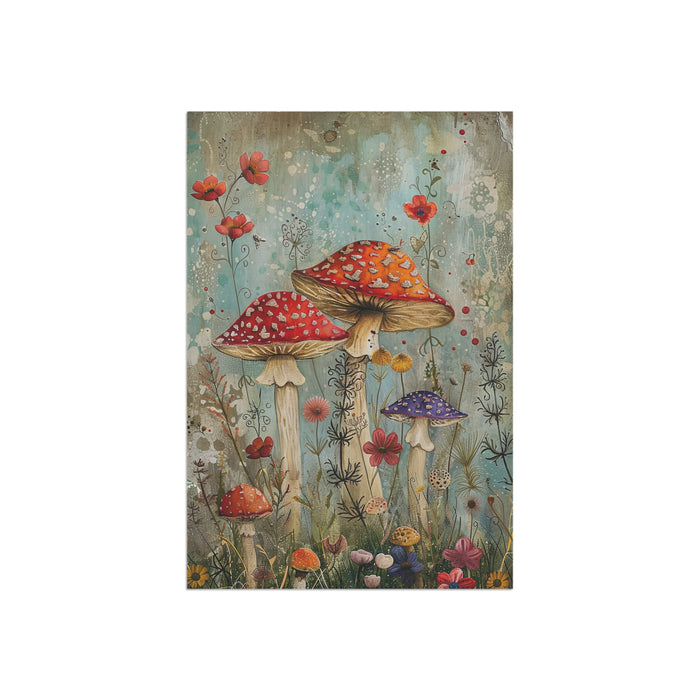 Illustration of colorful mushrooms and flowers on a textured background