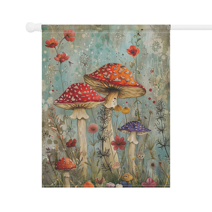 Decorative flag with colorful mushrooms and flowers on a white background