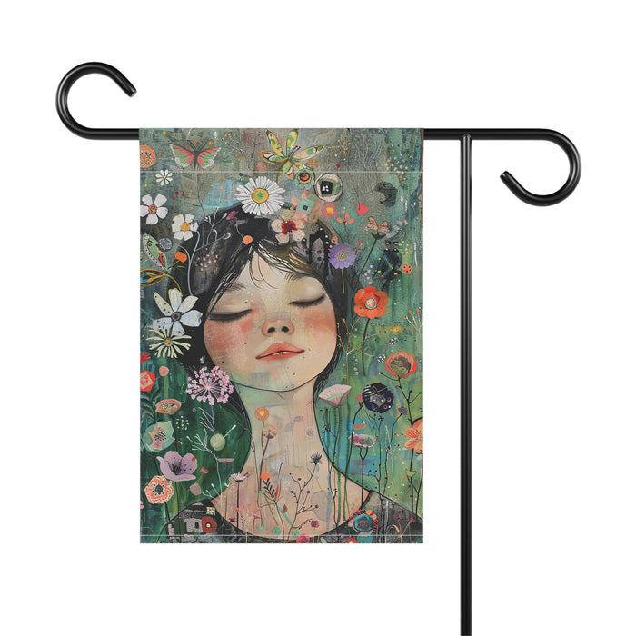 Decorative garden flag with an illustration of a girl surrounded by flowers on a white background.
