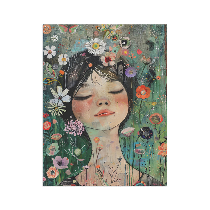Illustration of a woman with flowers and butterflies around her head on a white background