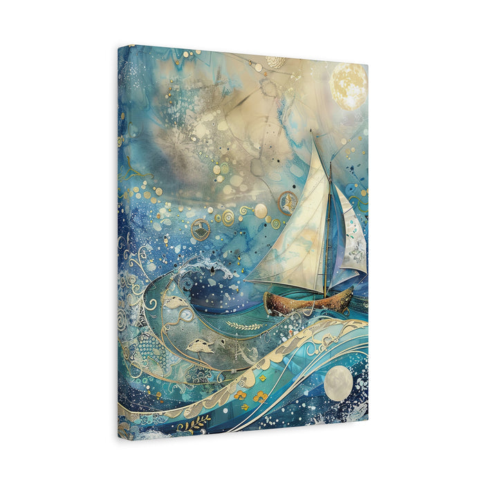 Whimsical Nautical Canvas Art - Sail Boat Waves Stars and Moon Mixed Media Print