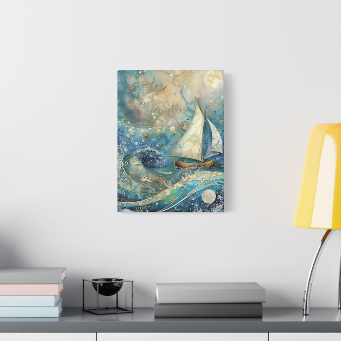 Whimsical Nautical Canvas Art - Sail Boat Waves Stars and Moon Mixed Media Print