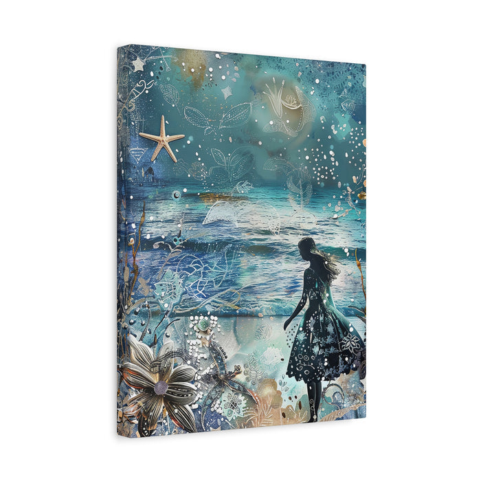Whimsical Nautical Canvas Art - Woman Beach Ocean Stars Mixed Media Print