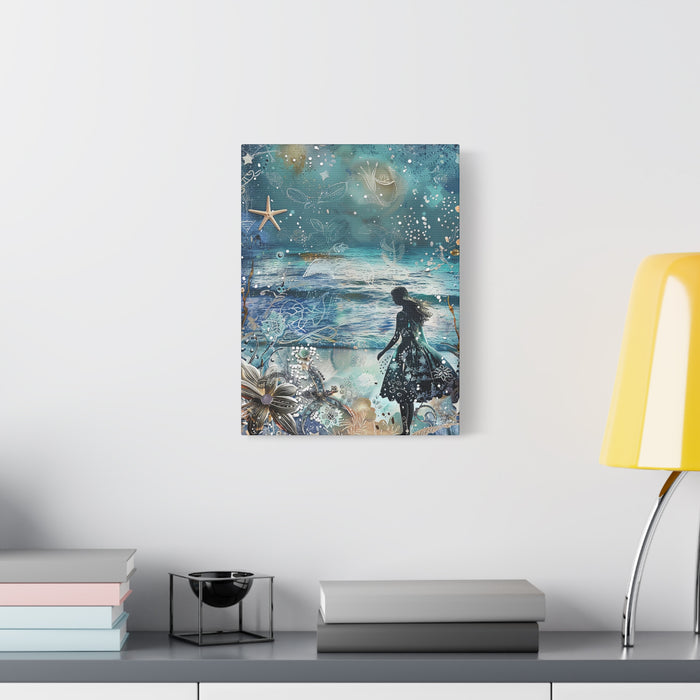 Whimsical Nautical Canvas Art - Woman Beach Ocean Stars Mixed Media Print