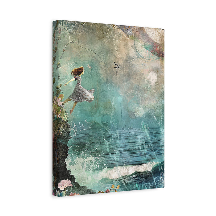 Whimsical Nautical Canvas Art - Woman on Cliff over Ocean  Decor Mixed Media Print