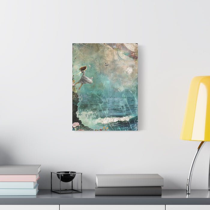 Whimsical Nautical Canvas Art - Woman on Cliff over Ocean  Decor Mixed Media Print