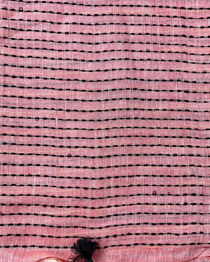 Whispering Pure Linen Kantha Work Peach Saree
