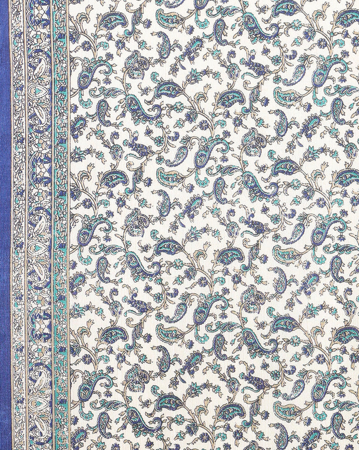 Indiehaat | Kashmiri Silk Printed Saree White & Dark Blue