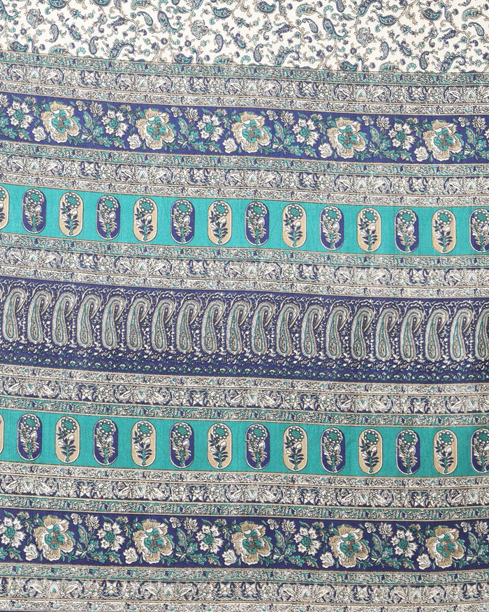 Indiehaat | Kashmiri Silk Printed Saree White & Dark Blue