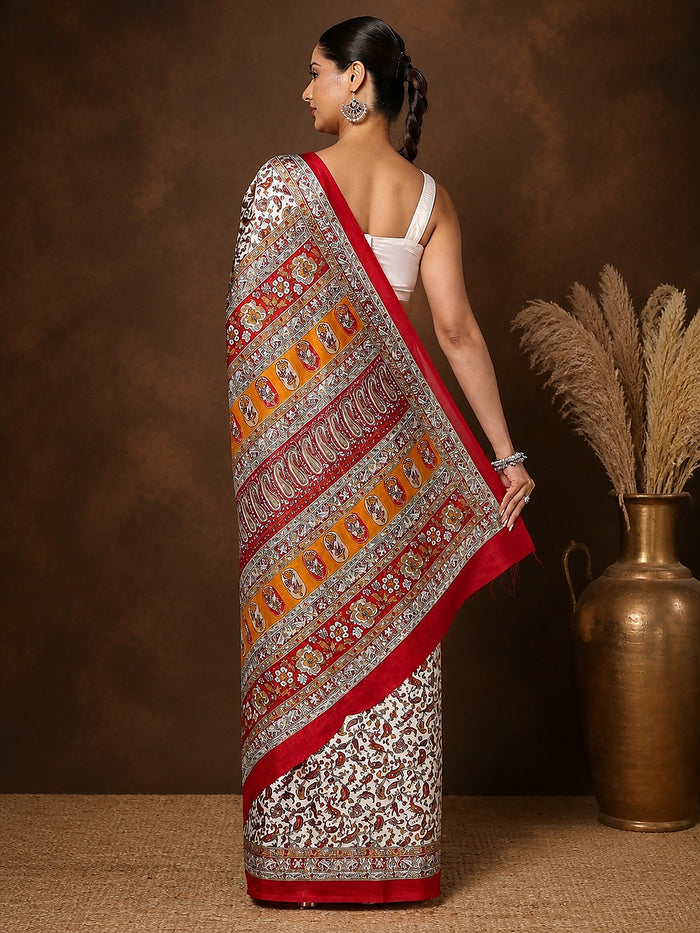 Indiehaat | Kashmiri Silk Printed Saree White & Red