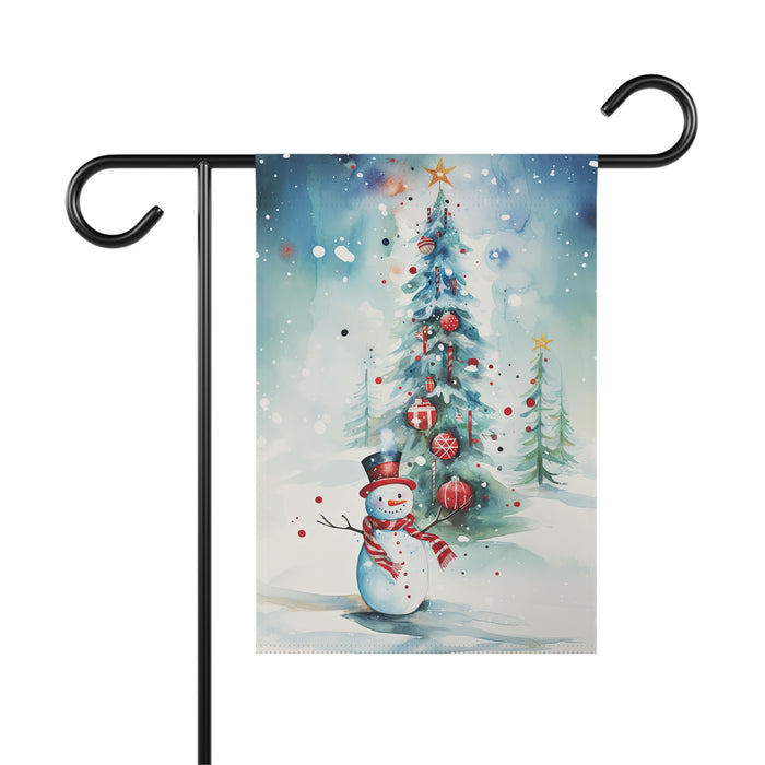Decorative garden flag with a Christmas tree and snowman design on a white background.