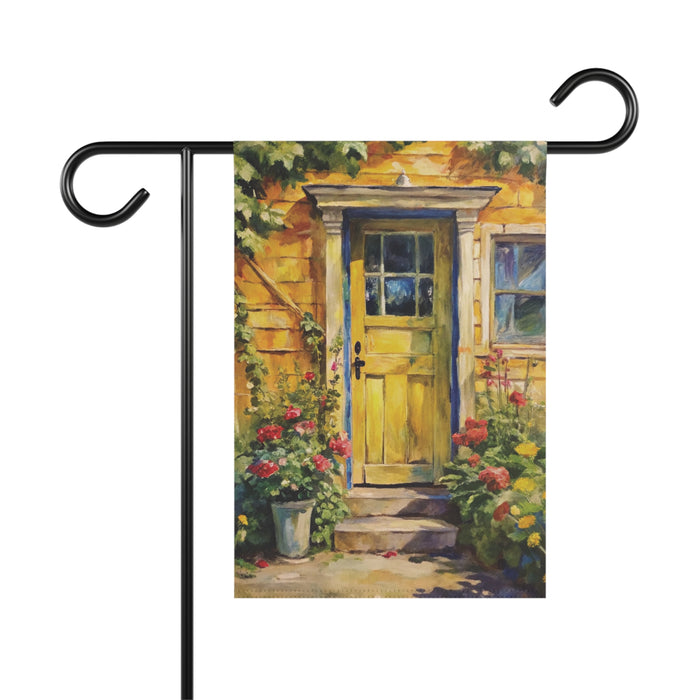 Yellow Cottage Door Garden Flag Floral Entryway Porch Banner Rustic Yard Decor