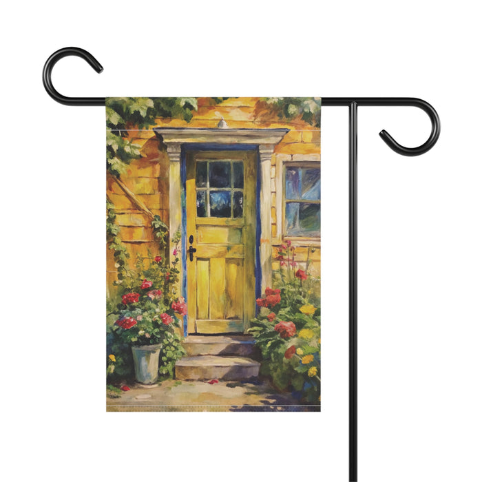 Yellow Cottage Door Garden Flag Floral Entryway Porch Banner Rustic Yard Decor