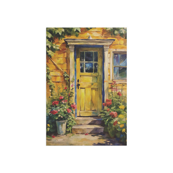 Yellow Cottage Door Garden Flag Floral Entryway Porch Banner Rustic Yard Decor