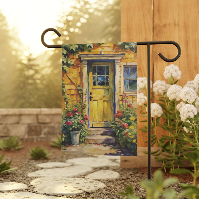 Yellow Cottage Door Garden Flag Floral Entryway Porch Banner Rustic Yard Decor
