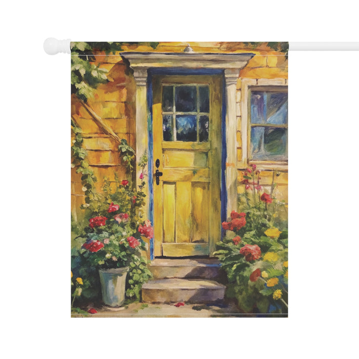 Yellow Cottage Door Garden Flag Floral Entryway Porch Banner Rustic Yard Decor