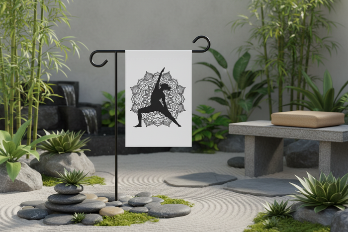 Yoga Warrior Pose Garden Flag lifestyle mockup