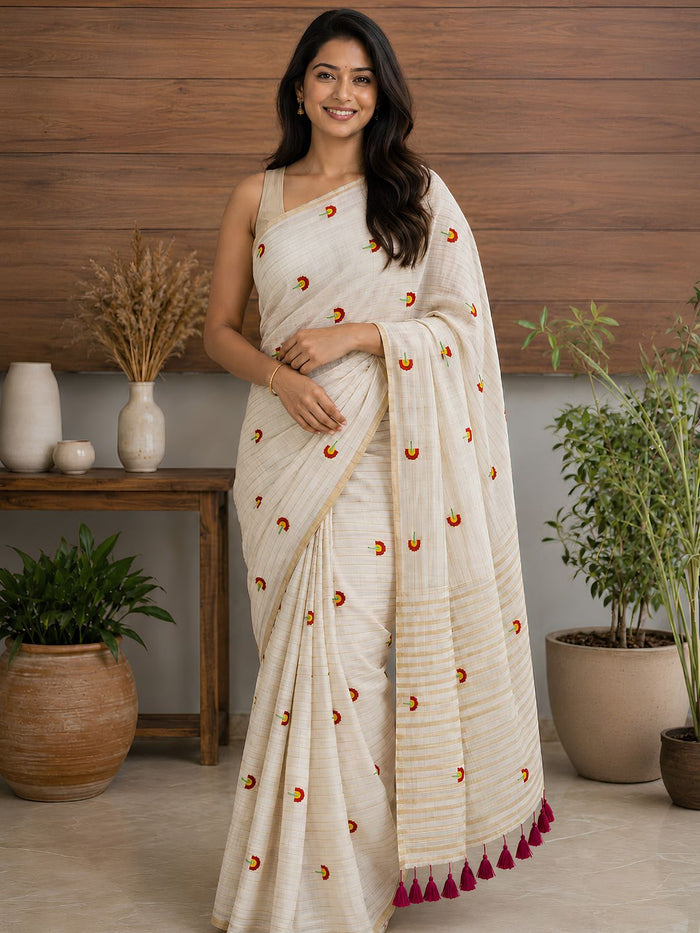Indiehaat | Mul Cotton Embroidered Saree White