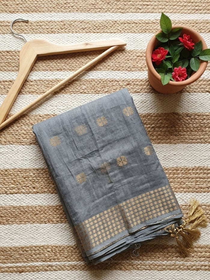 Indiehaat | Hand Dyed Kota Silk Kantha Saree Gray